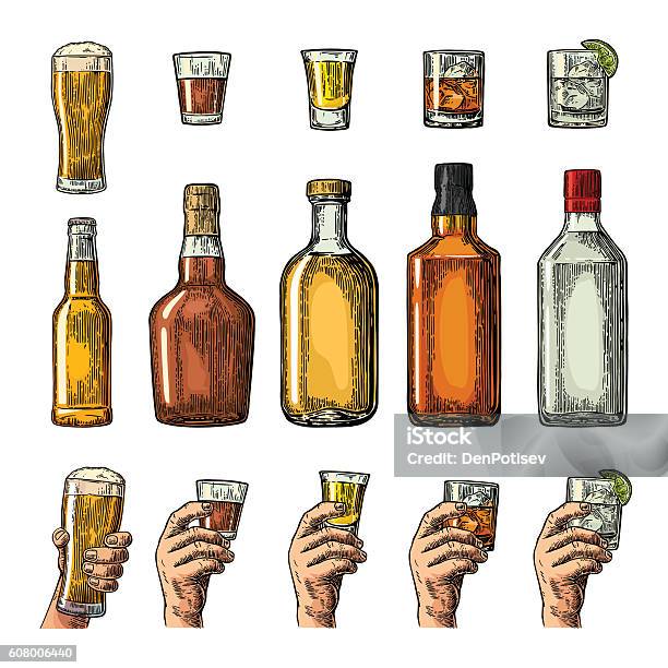 Set Alcohol Drinks Bottle Glass Hand Holding Beer Gin Tequila Stock Illustration - Download Image Now