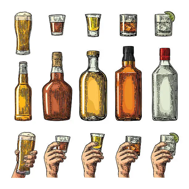 Vector illustration of Set alcohol drinks bottle, glass, hand holding beer, gin, tequila