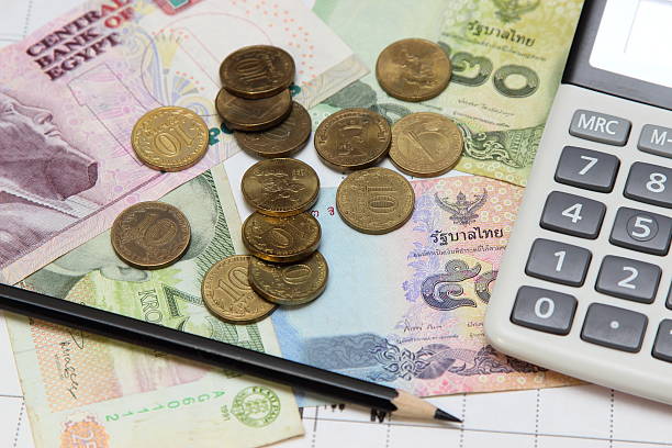 istock calculator, pencil, coins and banknotes. Dow Jones index. 608006796