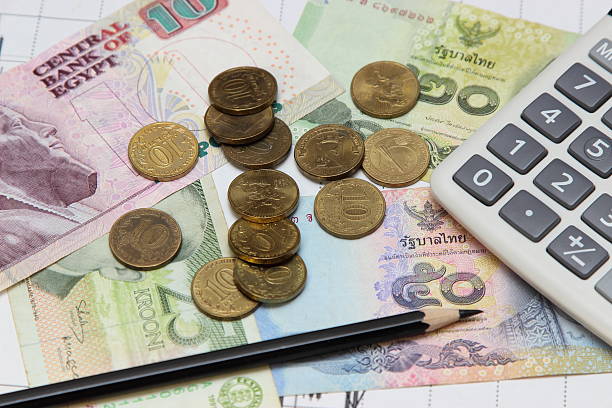 istock calculator, pencil, coins and banknotes. Dow Jones index. 608006864