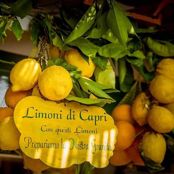 Lemons with text "lemons from Capri island. From these lemons we prepare our frozen dessert" written on a sign