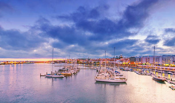 istock Ponta Delgada Harbour and Waterfront at dusk, Sao Miguel (Azores) 608011038