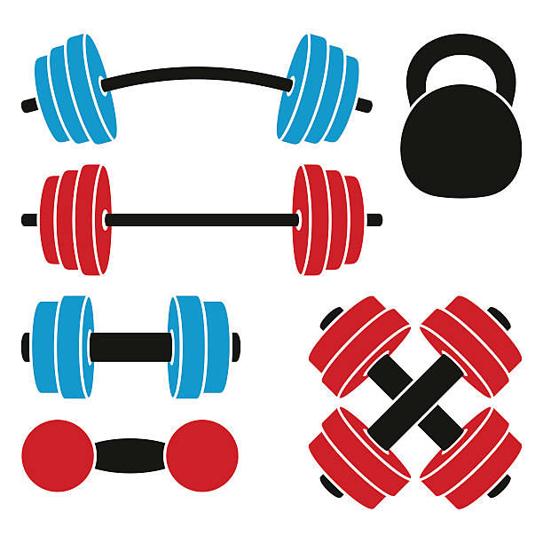Athletic weights Athletic weights for weightlifting, bodybuilding and fitness. Set on a white background. barbell stock illustrations