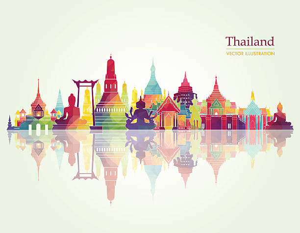 태국발 철두철미 스카이라인. 벡터 일러스트레이션 - bangkok thailand temple skyline stock illustrations