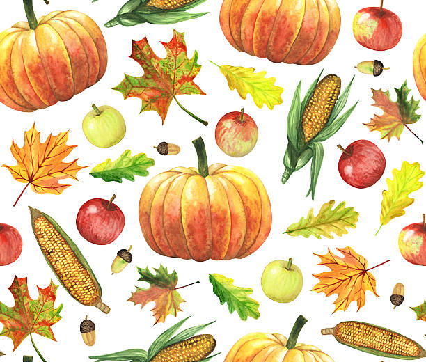 pattern with harvest Thanksgiving seamless pattern with harvest hand-drawn with watercolor watercolor thanksgiving stock illustrations