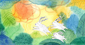 istock Bunnies on watercolour background 608489982