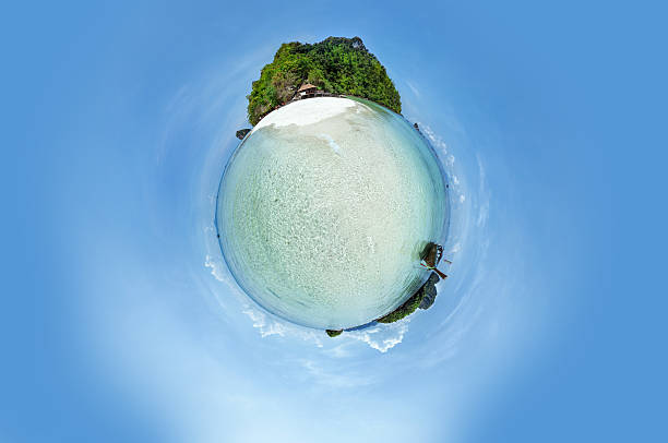 istock Little planet panorama on the beach 608494414
