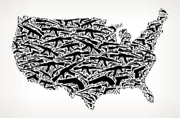 US Map Gun Black Icon Pattern Background US Map Gun Black Icon Pattern Background. The icon shape is made up of various gun and bullet icons in black color. The background has a light gradient and the black guns, machine guns, bullet, cross hair and target icons vary in size. ak 47 bullets stock illustrations