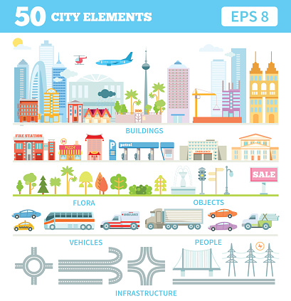 Icon set of big city elements:buildings,vehicles,infrastructute.Vector illustrations isolated on white