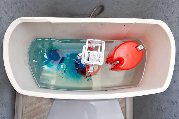 トイレの水槽内のフラッシュ機構、青い水の錠剤ディス - sanitary engineering ストックフォトと画像