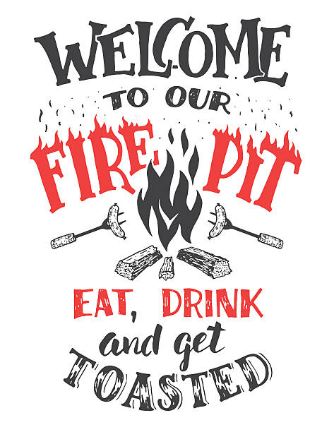 ilustraciones, imágenes clip art, dibujos animados e iconos de stock de bienvenido a nuestro cartel de brasero - fire pit fire camping burning