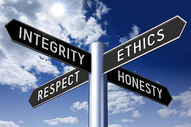 istock Signpost with four arrows - business ethics 608513846