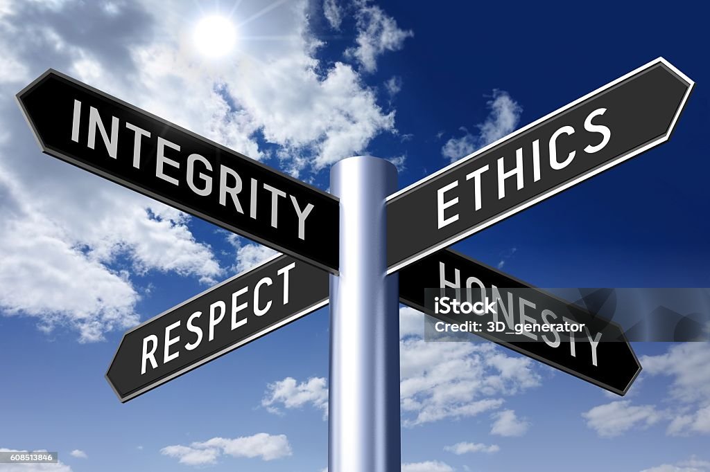 Signpost with four arrows - business ethics Metal signpost with four arrows, "integrity", "ethics", "respect", "honesty" words on them, blue sky with clouds and sun in a background.  Morality Stock Photo