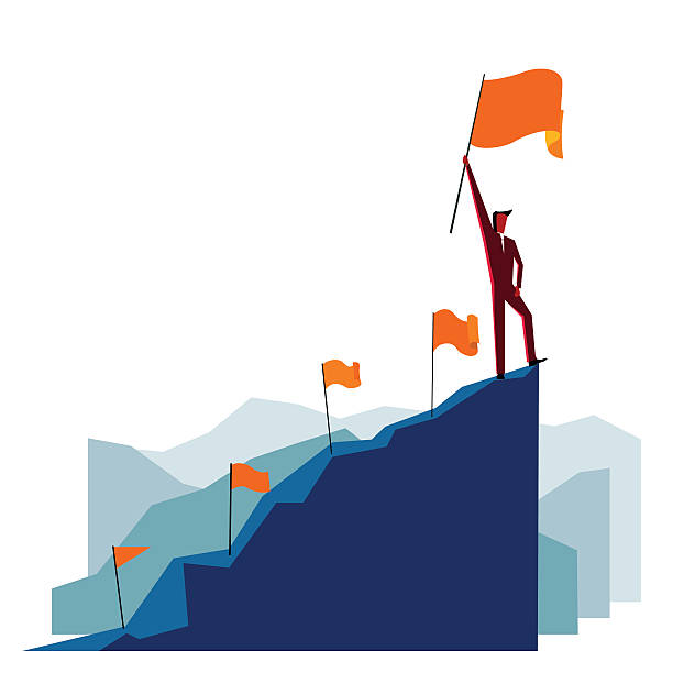 산 봉우리에 깃발을 들고 있는 사업가 - rock climbing climbing mountain climbing leading stock illustrations