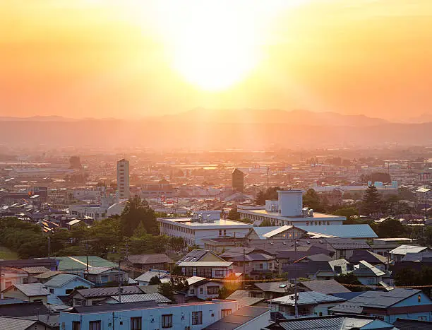 Bright sunset over inland Japanese town (aizuwakamatsu).