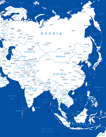 High detailed Asia vector Map with borders and countries on blue background