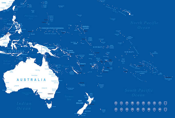 Australia and Oceania Map High detailed Australia and Oceania  map with navigation icons pacific islands stock illustrations