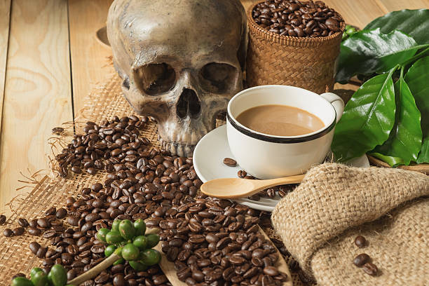 istock still life photography, coffee beans with skull 608516674