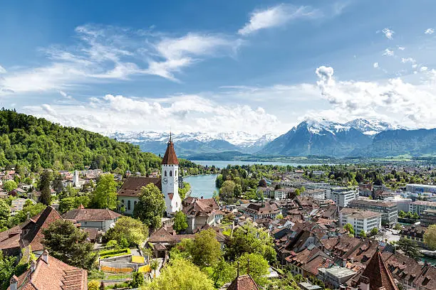The historic city of Thun, in the canton of Bern in Switzerland.