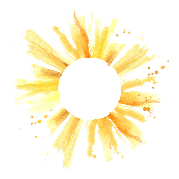 Sun with watercolor splashes, drops. Hand drawn circle frame. Copyspace Sun with watercolor splashes and drops. Hand drawn circle frame. Sun shape border with copyspace sun painting stock illustrations