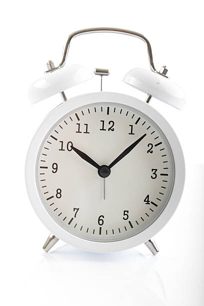istock White alarm clock shows 7 after 10 608519538