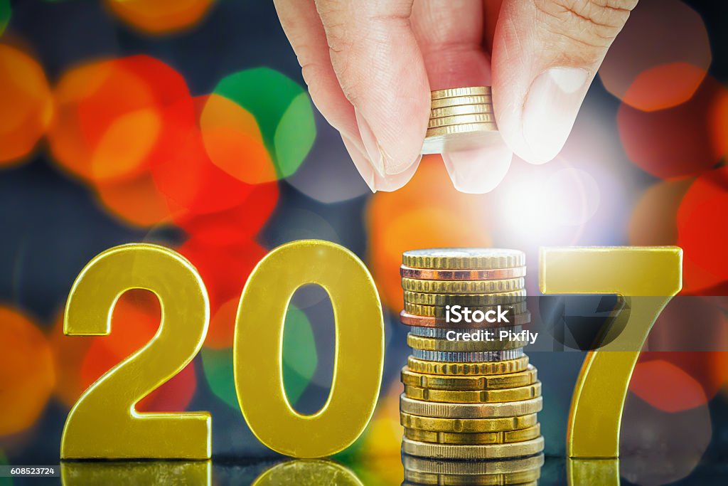 golden 2017 euro coin,money saving and investor concept 2017 Stock Photo