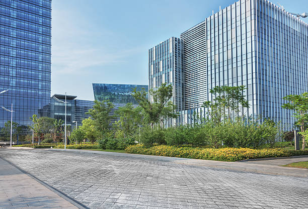 istock empty brick floor with cityscape and skyline 608526946