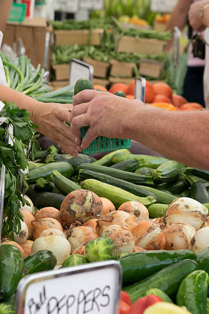istock Bell peppers in piles on a farm stand 608527286