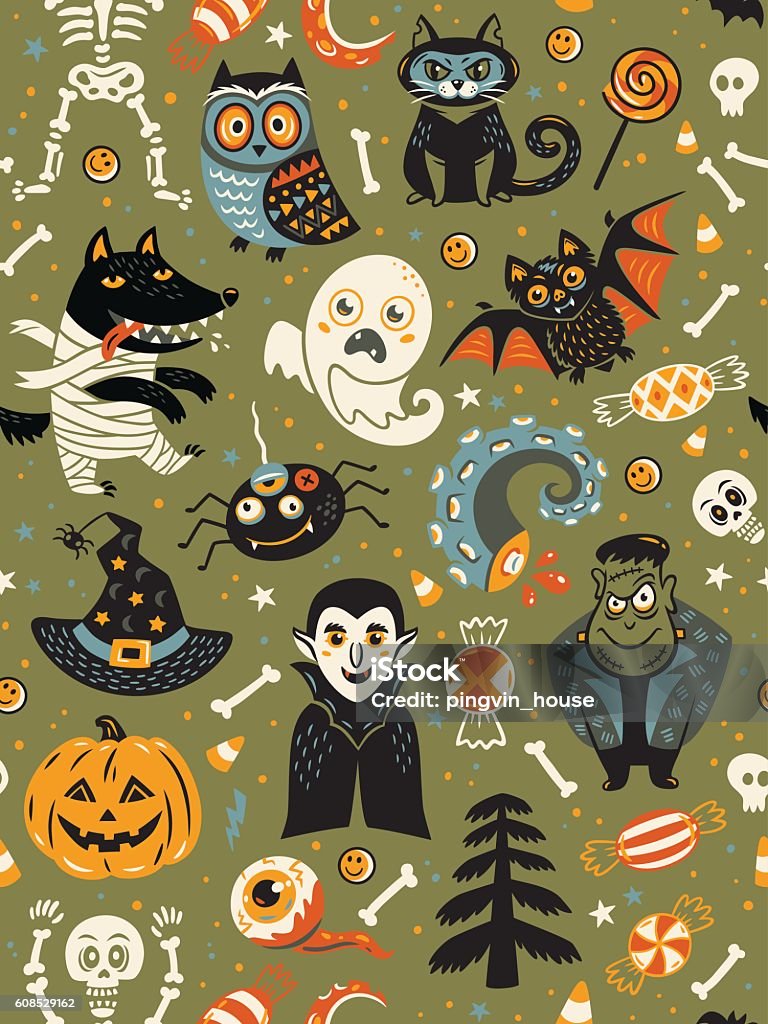 Halloween Character Pattern Cute Halloween Seamless Pattern With Cartoon Characters Stock ...