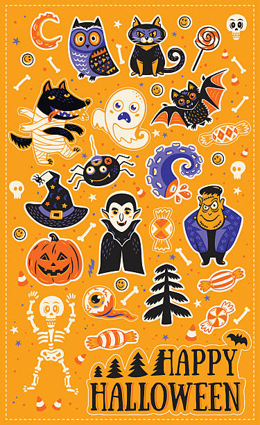 Sticker-Set mit Zeichentrickfiguren und Elementen für Halloween – Vektorgrafik