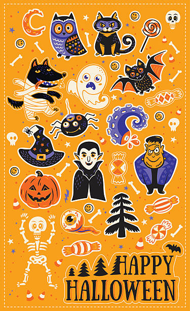 Sticker set with cartoon characters and elements for Halloween - ilustração de arte vetorial