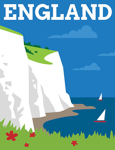England Travel Poster Simple Art Deco style poster showing the white cliffs of Dover north downs stock illustrations