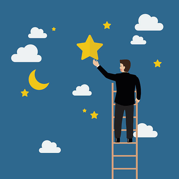 ilustrações de stock, clip art, desenhos animados e ícones de businessman on the ladder trying to catch the star - ladder clambering struggle reaching