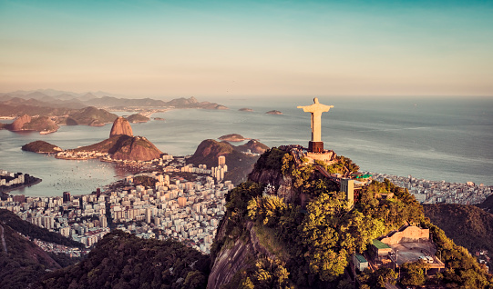 Aerial panorama of Botafogo Bay and Sugar Loaf Mountain, Rio De Janeiro, Brazil.