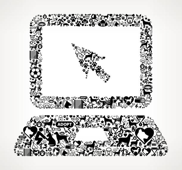 ilustrações, clipart, desenhos animados e ícones de laptop dog e canine pet black icon pattern - mouse computer mouse pets white background