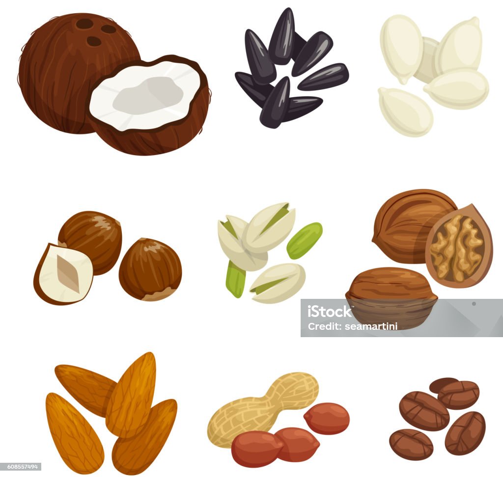 Nuts, grain and kernels vector icons Nuts, grain and kernels. Vector icons of coconut, almond, pistachio, sunflower seeds, pumpkin seeds, peanut, hazelnut walnut coffee beans Nut - Food stock vector