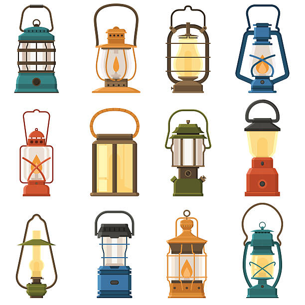Camping Lantern or Gas Lamp Vintage camping lantern set isolated on white background. Different oil lamp collection. Modern and retro lanterns vector illustration. Various handle gas lamps for tourist hiking. kerosene fuel stock illustrations
