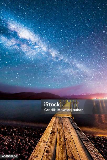 Milkyway With Wooden Jetty Stock Photo - Download Image Now - Beach, Night, Bridge - Built Structure