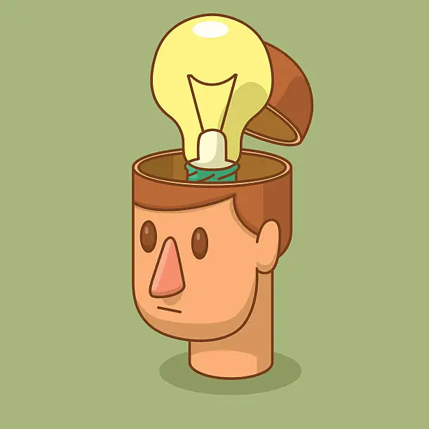 Vector illustration of Open head of man with a yellow light bulb