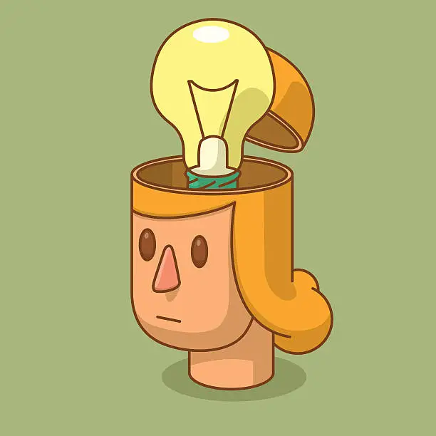 Vector illustration of Open head of woman with a yellow light bulb