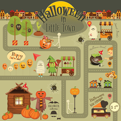 Halloween in Town - Infographic Card, Street Food and October Party Symbols.  Sweet Treats and Jack-o-lantern. Invitation Card for Party. Vector Illustration.