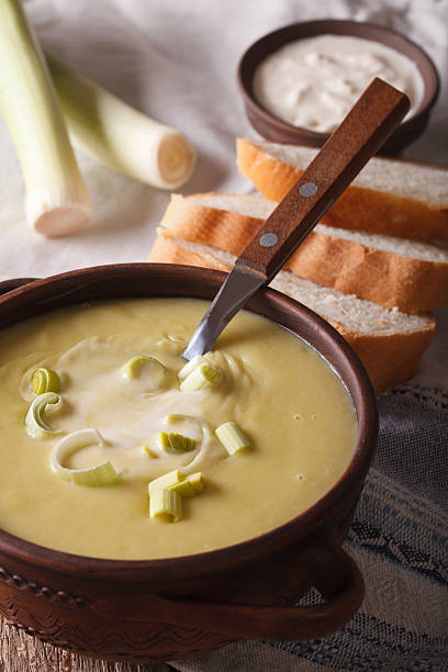 istock leek soup with sour cream close-up on the table. vertical 608591042