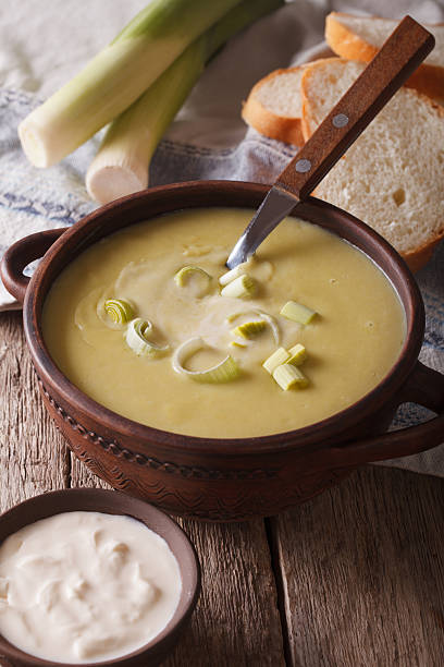 istock Homemade leek soup in a bowl close-up. vertical 608594902