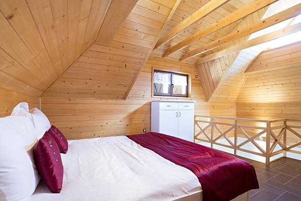 istock Bedroom in modern style log house 608601226