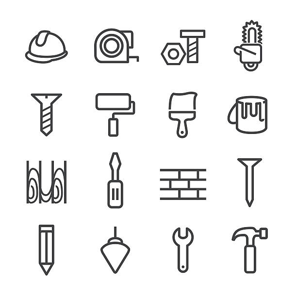 illustrations, cliparts, dessins animés et icônes de icônes de construction et d’outils - série de lignes - home improvement hammer work tool nail