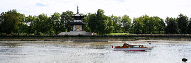 Peace Pagoda in Battersea Park alongside the Thames river in London.