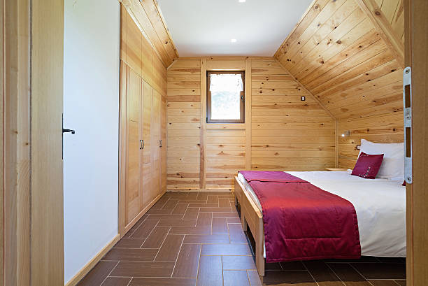 istock Bedroom in modern style log house 608604306