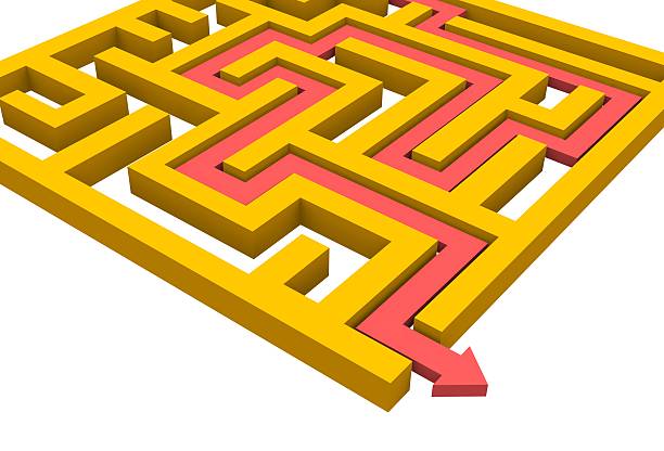 istock business looking at maze bend with red arrow to exit 608608998