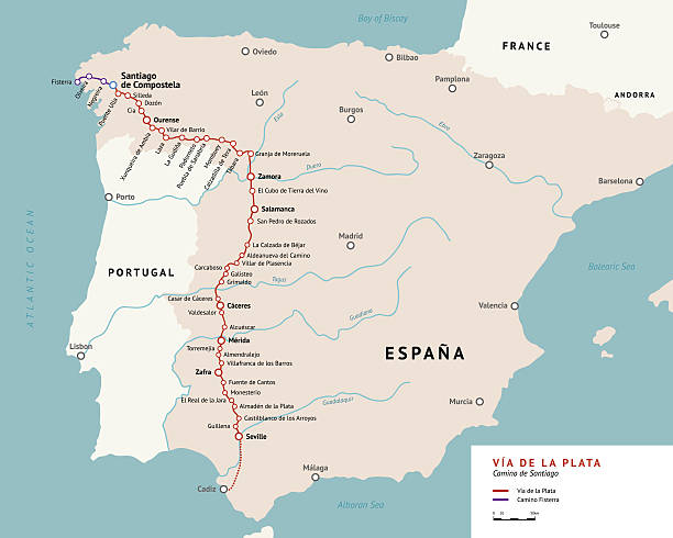 mapa via de la plata. camino de santiago, hiszpania. - st james way stock illustrations
