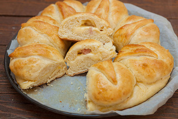 istock Homemade bread with cheese and salami 608626754